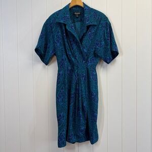 VTG Gillian Petites Womens Corpcore Silk Geometric Print Collared Dress Size 8